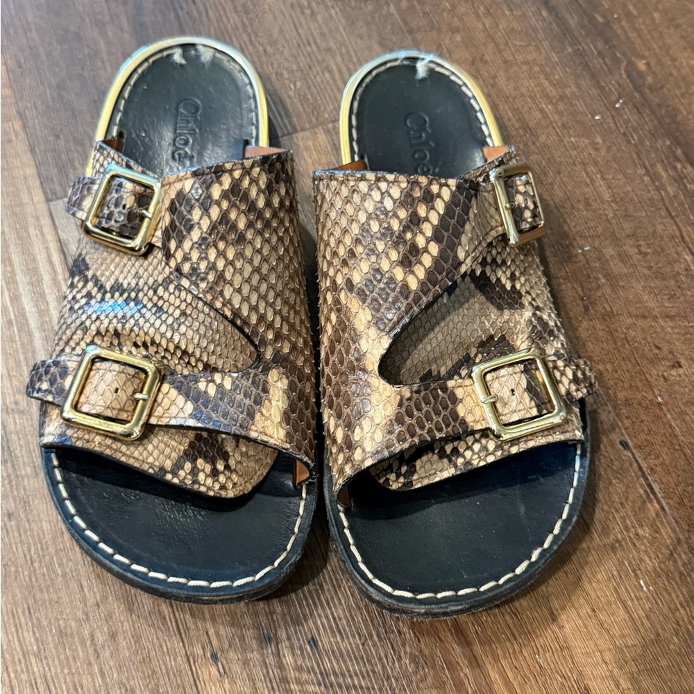 AUTH Chloe snakeskin textured buckle slide sandals, sz 7